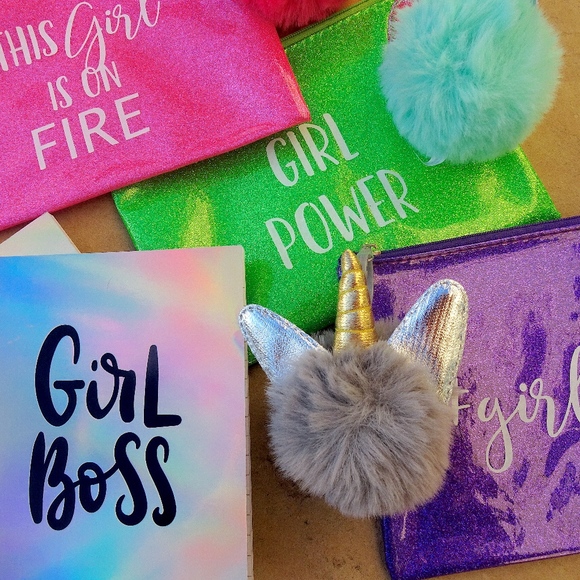 Glitter Hot Pink Girl Boss Unicorn Pom-Pom Journal & Pencil/Makeup Pouch Set - Picture 7 of 8
